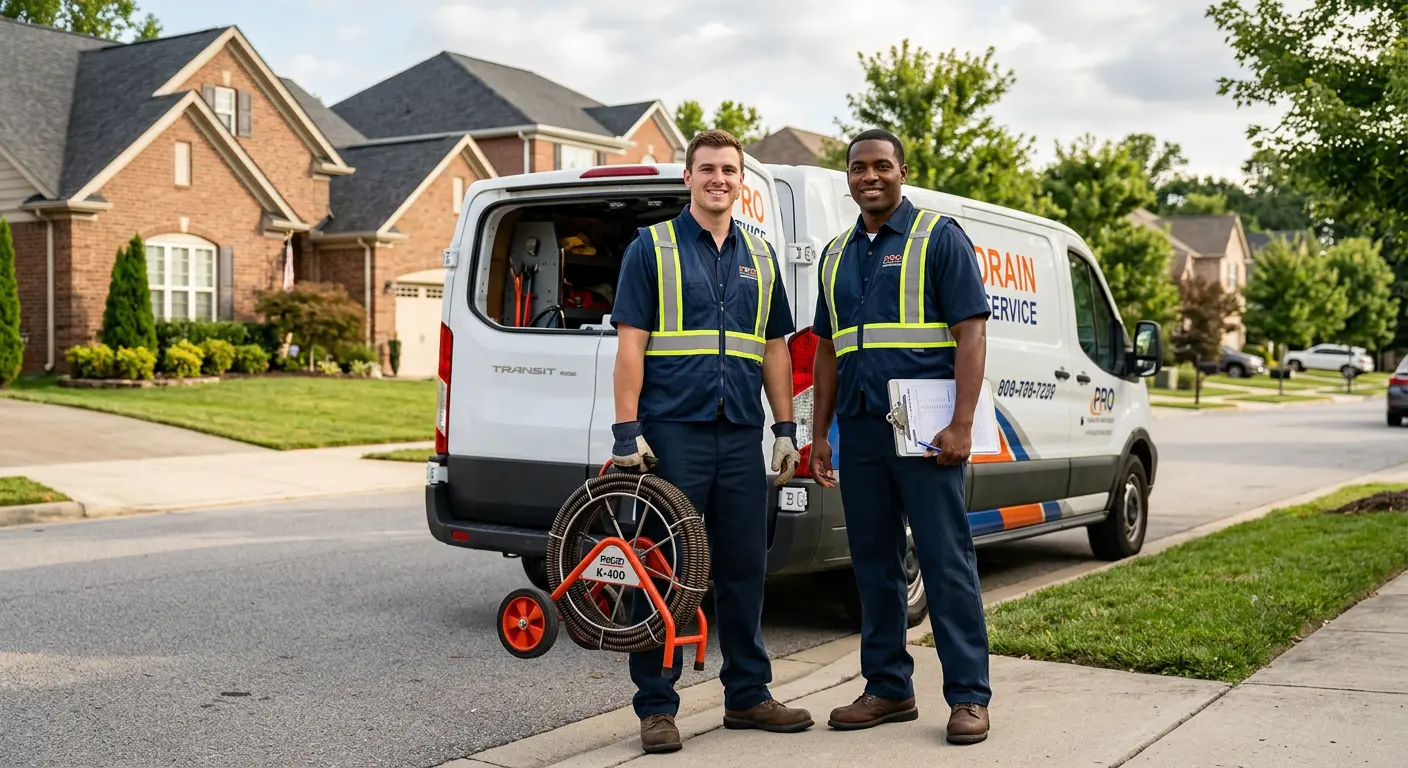 Sewer and drain service team with equipment ready for work in Tomball