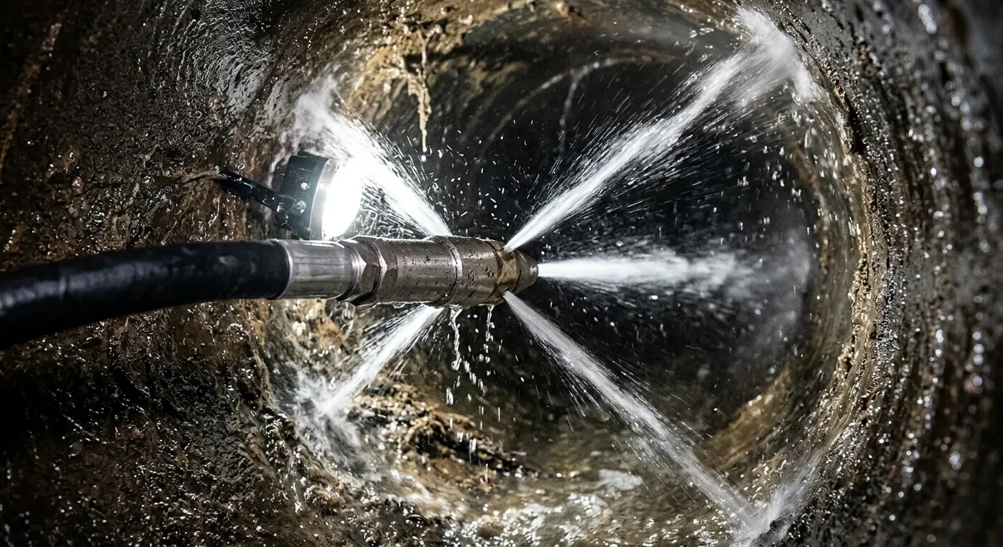 High-pressure hydro jetting nozzle cleaning sewer pipe for Trenchless Sewer Repair in Tomball