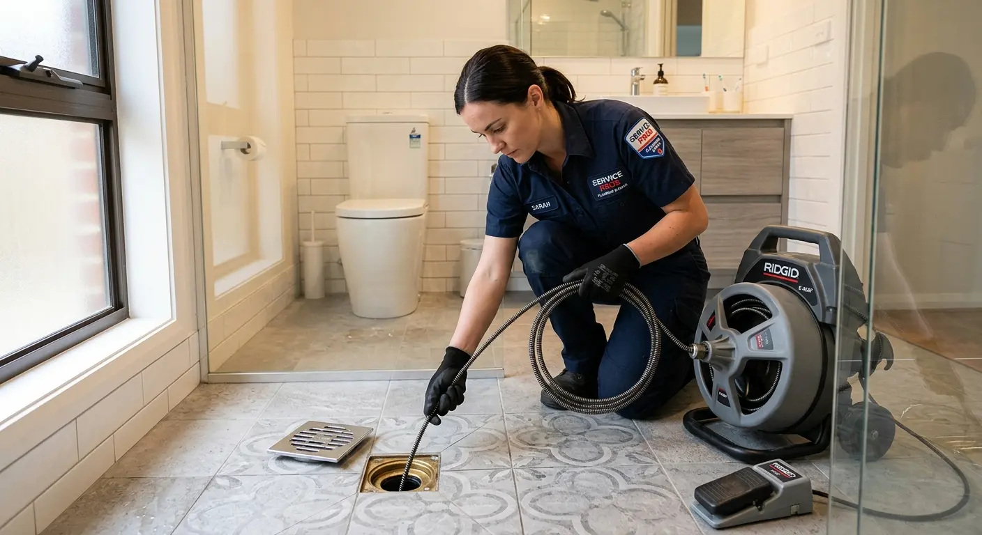 Technician clearing a bathroom floor drain for Hydro Jetting in Tomball
